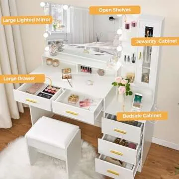 ANWBROAD Large Vanity Desk with Mirror and Lights 45.3" Makeup Vanity with Charging Station Nightstand 3 Lighting Modes Dressing Table with 5 Drawers Jewelry Cabinet Glass Door Bedroom White UBDT68W