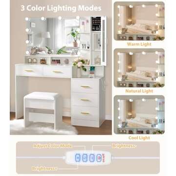 ANWBROAD Large Vanity Desk with Mirror and Lights 45.3" Makeup Vanity with Charging Station Nightstand 3 Lighting Modes Dressing Table with 5 Drawers Jewelry Cabinet Glass Door Bedroom White UBDT68W
