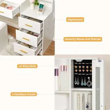 ANWBROAD Large Vanity Desk with Mirror and Lights 45.3" Makeup Vanity with Charging Station Nightstand 3 Lighting Modes Dressing Table with 5 Drawers Jewelry Cabinet Glass Door Bedroom White UBDT68W