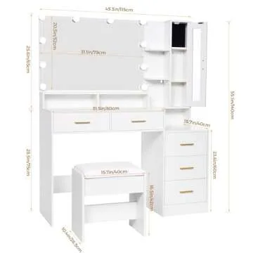 ANWBROAD Large Vanity Desk with Mirror and Lights 45.3" Makeup Vanity with Charging Station Nightstand 3 Lighting Modes Dressing Table with 5 Drawers Jewelry Cabinet Glass Door Bedroom White UBDT68W