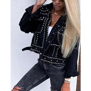 APAFES Women's Fashion Crop Fringe Denim Jacket Distressed Western Studded Black Trucker Jacket(0270-Black-XL-NG)