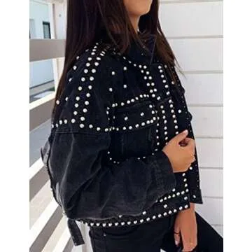 APAFES Women's Fashion Crop Fringe Denim Jacket Distressed Western Studded Black Trucker Jacket(0270-Black-XL-NG)