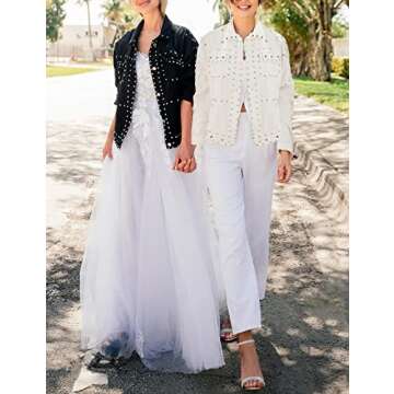 APAFES Women's Fashion Crop Fringe Denim Jacket Distressed Western Studded Black Trucker Jacket(0270-Black-XL-NG)