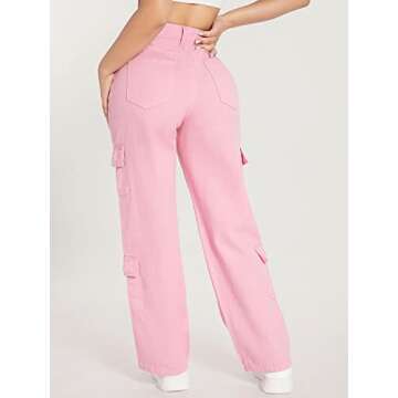 WDIRARA Women's Cargo Denim Pants High Waist Straight Leg Boyfriend Jeans with Pocket Light Pink Petite S