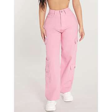 WDIRARA Women's Cargo Denim Pants High Waist Straight Leg Boyfriend Jeans with Pocket Light Pink Petite S