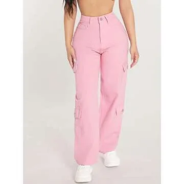 WDIRARA Women's Cargo Denim Pants High Waist Straight Leg Boyfriend Jeans with Pocket Light Pink Petite S