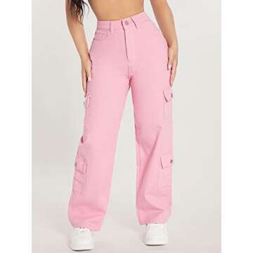 WDIRARA Women's Cargo Denim Pants High Waist Straight Leg Boyfriend Jeans with Pocket Light Pink Petite S