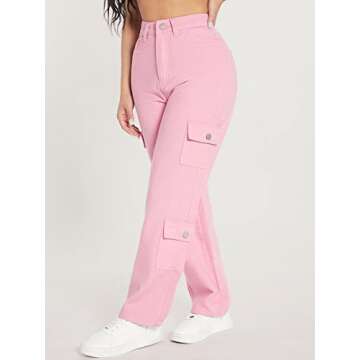 WDIRARA Women's Cargo Denim Pants High Waist Straight Leg Boyfriend Jeans with Pocket Light Pink Petite S
