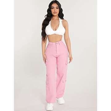 WDIRARA Women's Cargo Denim Pants High Waist Straight Leg Boyfriend Jeans with Pocket Light Pink Petite S