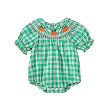 Lenjindjer Toddler Baby Girl Halloween Outfits Pumpkin Print Plaid Short Puff Sleeve Smocked Romper ...