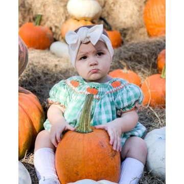 Lenjindjer Toddler Baby Girl Halloween Outfits Pumpkin Print Plaid Short Puff Sleeve Smocked Romper Cotton Linen Bodysuit (Green, 0-3 Months)