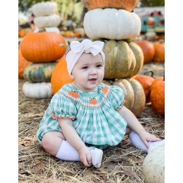 Lenjindjer Toddler Baby Girl Halloween Outfits Pumpkin Print Plaid Short Puff Sleeve Smocked Romper Cotton Linen Bodysuit (Green, 0-3 Months)
