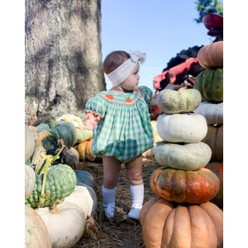 Lenjindjer Toddler Baby Girl Halloween Outfits Pumpkin Print Plaid Short Puff Sleeve Smocked Romper Cotton Linen Bodysuit (Green, 0-3 Months)