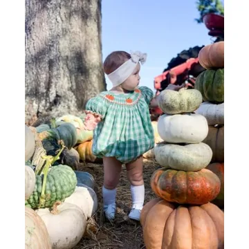 Lenjindjer Toddler Baby Girl Halloween Outfits Pumpkin Print Plaid Short Puff Sleeve Smocked Romper Cotton Linen Bodysuit (Green, 0-3 Months)