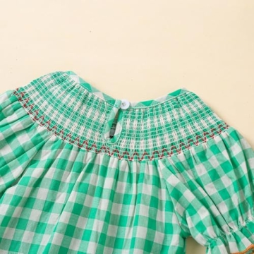 Lenjindjer Toddler Baby Girl Halloween Outfits Pumpkin Print Plaid Short Puff Sleeve Smocked Romper Cotton Linen Bodysuit (Green, 0-3 Months)