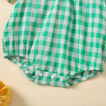Lenjindjer Toddler Baby Girl Halloween Outfits Pumpkin Print Plaid Short Puff Sleeve Smocked Romper Cotton Linen Bodysuit (Green, 0-3 Months)