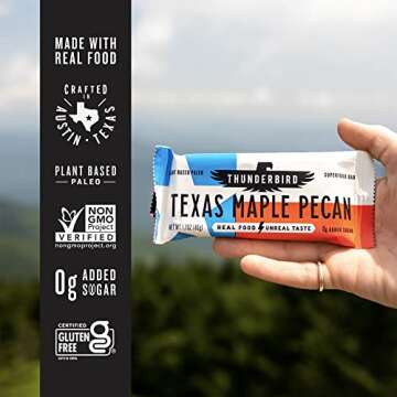 Thunderbird Bars Energy Snack, Gluten-Free with Protein, Healthy Real Food, Vegan Paleo Non-GMO, No Added Sugar, Texas Maple Pecan Flavor (12 Count, 1.7 oz. Bars)