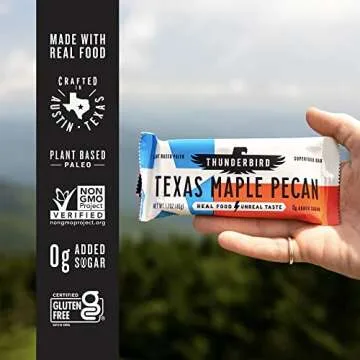 Thunderbird Bars Energy Snack, Gluten-Free with Protein, Healthy Real Food, Vegan Paleo Non-GMO, No Added Sugar, Texas Maple Pecan Flavor (12 Count, 1.7 oz. Bars)