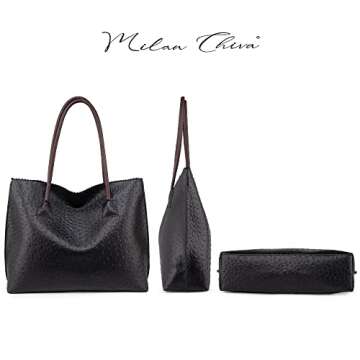 Milan Chiva Leather Tote Bag for Women with Zipper Large Ostrich Hobo Purse Shoulder Purses and Handbags Black Gift MC-1038BK