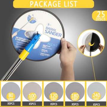 Radial Sander 9 inch, Pole Sander for Drywall, Wall Sander for Painting Prep, 360 Degree Rotary Round Circular Hand Sanding Head for Dry Wall and Ceilings+ 25pcs Wall Sanding Discs