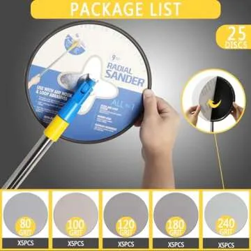 Radial Sander 9 inch, Pole Sander for Drywall, Wall Sander for Painting Prep, 360 Degree Rotary Round Circular Hand Sanding Head for Dry Wall and Ceilings+ 25pcs Wall Sanding Discs