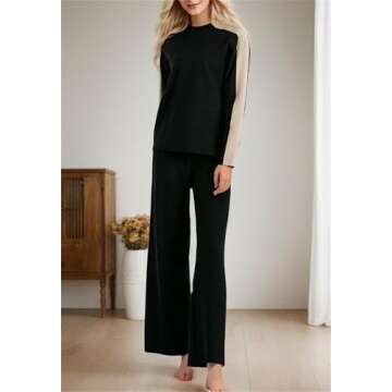 Kedera Women Knit 2 Piece Loungewear Sets Knit Sweater Outfit Long Sleeve Contrast Color Pullover Tops and Wide Leg Pants