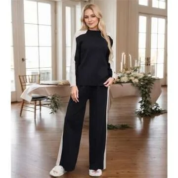 Kedera Women Knit 2 Piece Loungewear Sets Knit Sweater Outfit Long Sleeve Contrast Color Pullover Tops and Wide Leg Pants