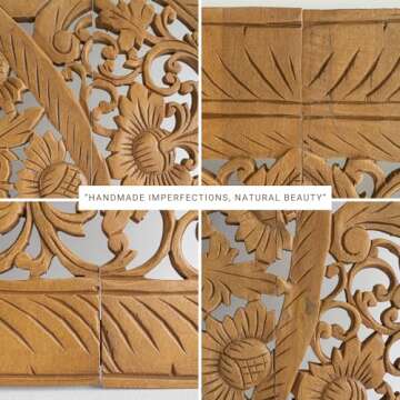 King Size Headboard Wood Mandala, Wall Panelling Mounted Back Bed, Country Home Decorative Plaques in Teak, Rustic Brown, 76 Inches