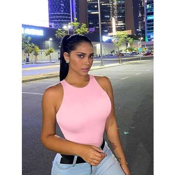 LCNBA Women's Sexy High Neck Sleeveless Bodysuit Basic Top Bodysuit Jumpsuit Pink S