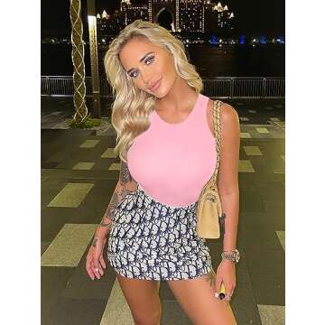 LCNBA Women's Sexy High Neck Sleeveless Bodysuit Basic Top Bodysuit Jumpsuit Pink S