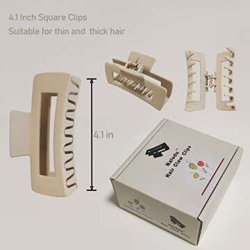Nalodu Hair Claw Clips Large Square 4 Inch Matte No Slip Big Rectangle Jaw Clip Clamp for Thick Hair Women, 3 Pack