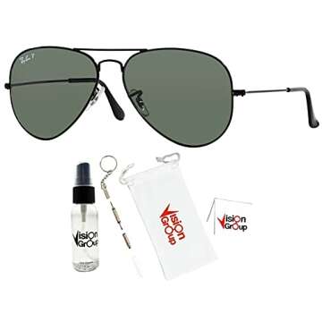 Ray-Ban RB3025 Metal Aviator Sunglasses + Vision Group Accessories Bundle (Black/Crystal Green Polarized (002/58), 58),unisex-adult