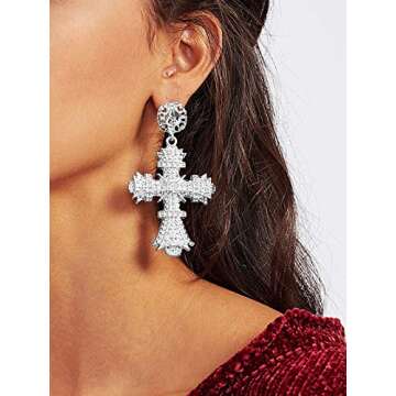 Cross Earrings,Big Baroque Drop Earrings,Rhinestone Large Cross Earrings,Retro Court Earrings for Wo...