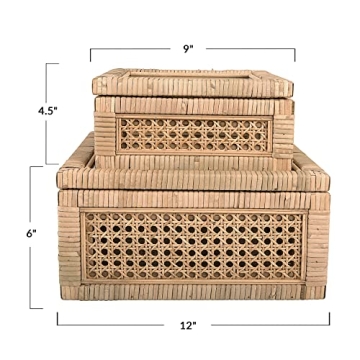 Creative Co-Op Modern Decorative Square Woven Rattan and Wood Display Boxes with Glass Top, Set of 2 Sizes, Natural Finish