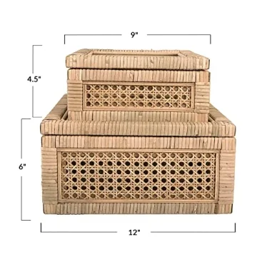 Creative Co-Op Modern Decorative Square Woven Rattan and Wood Display Boxes with Glass Top, Set of 2 Sizes, Natural Finish