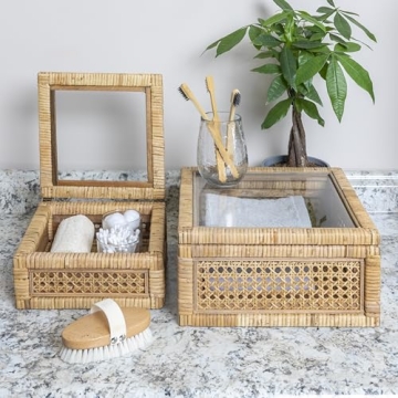 Creative Co-Op Modern Decorative Square Woven Rattan and Wood Display Boxes with Glass Top, Set of 2 Sizes, Natural Finish
