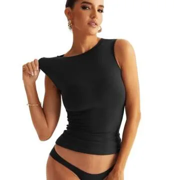 Eachyes Womens Double Lined Racerback Tank Tops Sleeveless High Neck Fitted Basic Shirts Black Medium