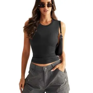 Eachyes Womens Double Lined Racerback Tank Tops Sleeveless High Neck Fitted Basic Shirts Black Medium