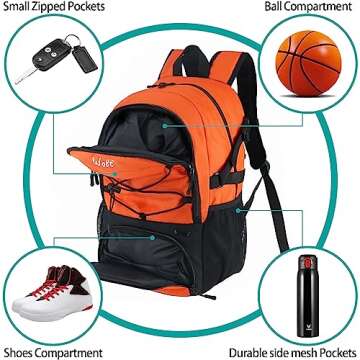 WOLT | Basketball Backpack Large Sports Bag with Separate Ball Holder & Shoes Compartment, Best for Basketball, Soccer, Volleyball, Swim, Gym, Travel (Orange)