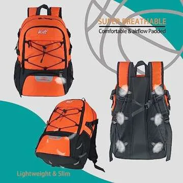 WOLT | Basketball Backpack Large Sports Bag with Separate Ball Holder & Shoes Compartment, Best for Basketball, Soccer, Volleyball, Swim, Gym, Travel (Orange)