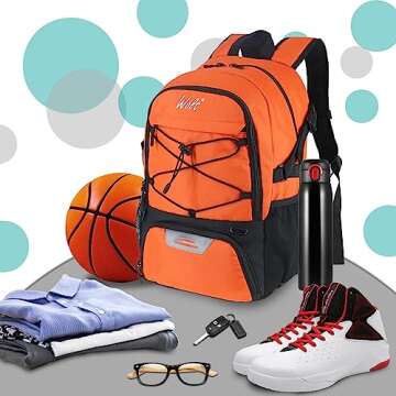 WOLT | Basketball Backpack Large Sports Bag with Separate Ball Holder & Shoes Compartment, Best for Basketball, Soccer, Volleyball, Swim, Gym, Travel (Orange)