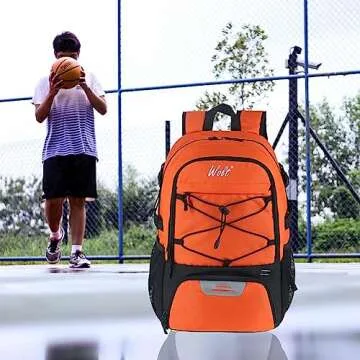 WOLT | Basketball Backpack Large Sports Bag with Separate Ball Holder & Shoes Compartment, Best for Basketball, Soccer, Volleyball, Swim, Gym, Travel (Orange)