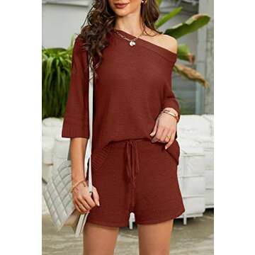 Mafulus Women's 2 Piece Outfits Sweater Sets Off Shoulder Knit Top Shorts Matching Suits Cute Pajama...