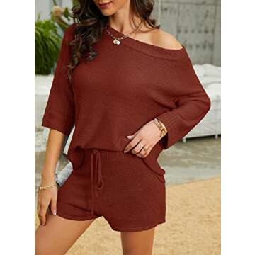 Mafulus Women's 2 Piece Outfits Sweater Sets Off Shoulder Knit Top Shorts Matching Suits Cute Pajama Lounge Set