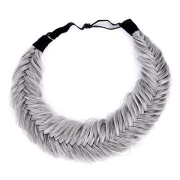 DIGUAN Wide Fishtail 2 Strands Synthetic Hair Braided Headband Classic Chunky Plaited Braids Elastic Stretch Hairpiece Women Girl Beauty accessory,59g (Salt and Pepper)