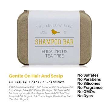 The Yellow Bird Eucalyptus Tea Tree Shampoo Bar. All Natural & Organic Ingredients. Sulfate Free, Detergent Free, Color Safe, and Silicone Free. Vegan, Plastic Free, Zero Waste Shampoo Soap