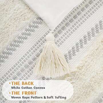 decorUhome Decorative Boho Throw Pillow Covers 12x20 Set of 2, Lumbar Accent Neutral Textured Tufted Pillow Covers Striped for Couch Bed Sofa Living Room, Beige and Cream White