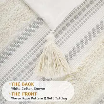 decorUhome Decorative Boho Throw Pillow Covers 12x20 Set of 2, Lumbar Accent Neutral Textured Tufted Pillow Covers Striped for Couch Bed Sofa Living Room, Beige and Cream White