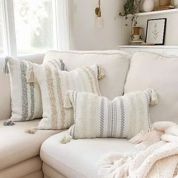 decorUhome Decorative Boho Throw Pillow Covers 12x20 Set of 2, Lumbar Accent Neutral Textured Tufted Pillow Covers Striped for Couch Bed Sofa Living Room, Beige and Cream White