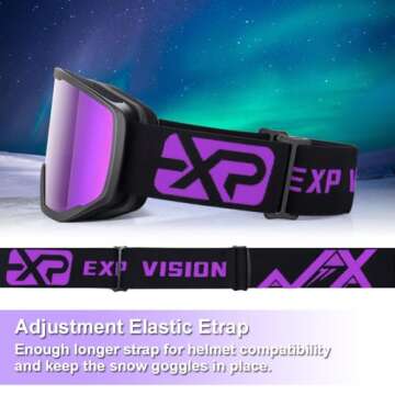 EXP VISION Ski Goggles Snowboard for Men Women, OTG Anti Fog UV Protection Snow Goggles (Black Frame Purple)